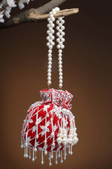 Droop Red And White Pearl Embellished Velvet Potli