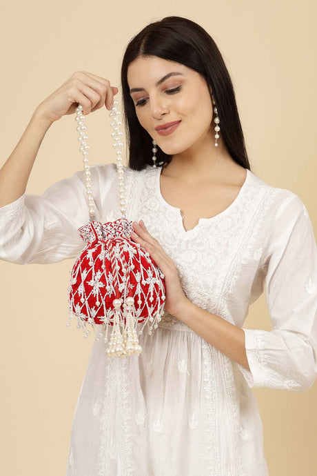 Droop Red And White Pearl Embellished Velvet Potli