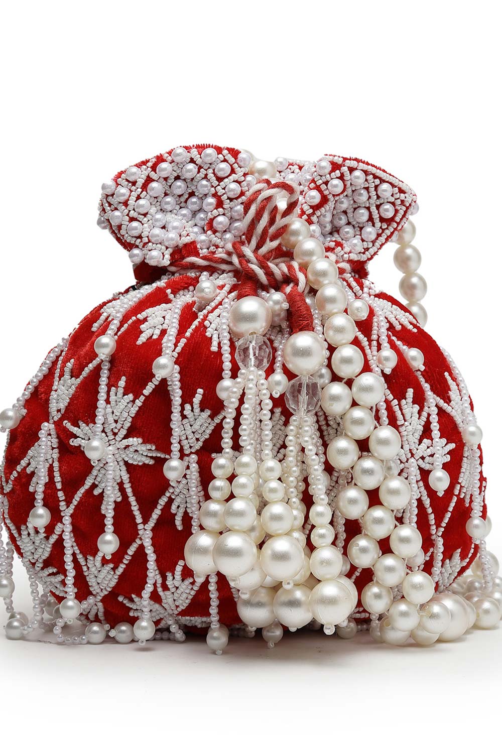 Droop Red And White Pearl Embellished Velvet Potli