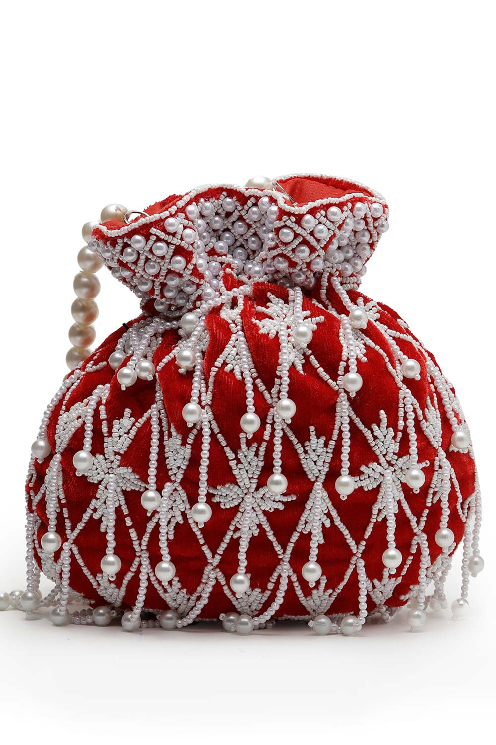 Droop Red And White Pearl Embellished Velvet Potli