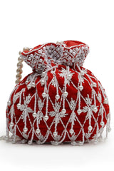 Droop Red And White Pearl Embellished Velvet Potli