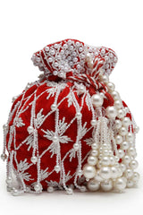 Droop Red And White Pearl Embellished Velvet Potli