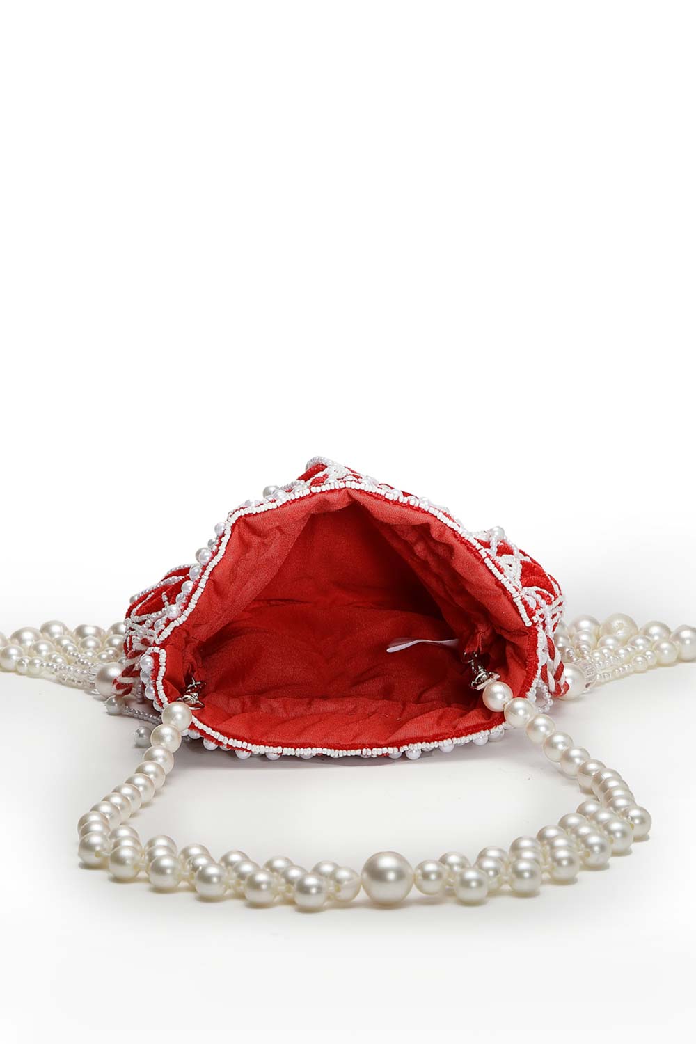 Droop Red And White Pearl Embellished Velvet Potli