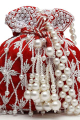 Droop Red And White Pearl Embellished Velvet Potli