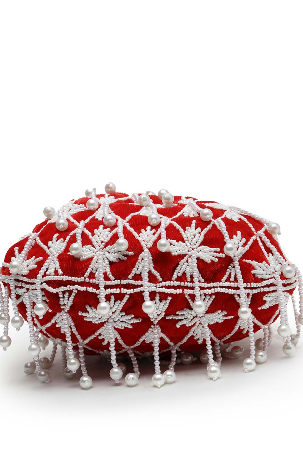 Droop Red And White Pearl Embellished Velvet Potli