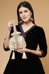 Droop Biege And Gold Embroidered Faux Silk Potli