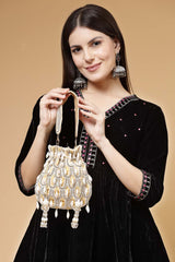 Droop Beige, White And Gold Pearl Embellished Velvet Potli