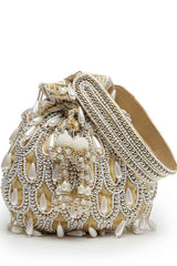 Droop Beige, White And Gold Pearl Embellished Velvet Potli