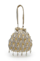 Droop Beige, White And Gold Pearl Embellished Velvet Potli