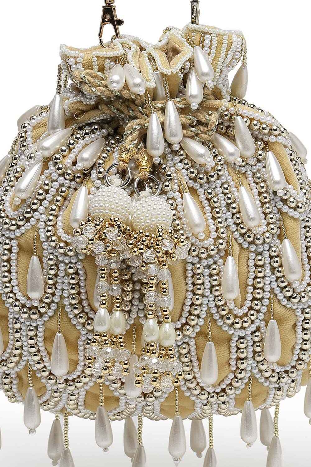 Droop Beige, White And Gold Pearl Embellished Velvet Potli