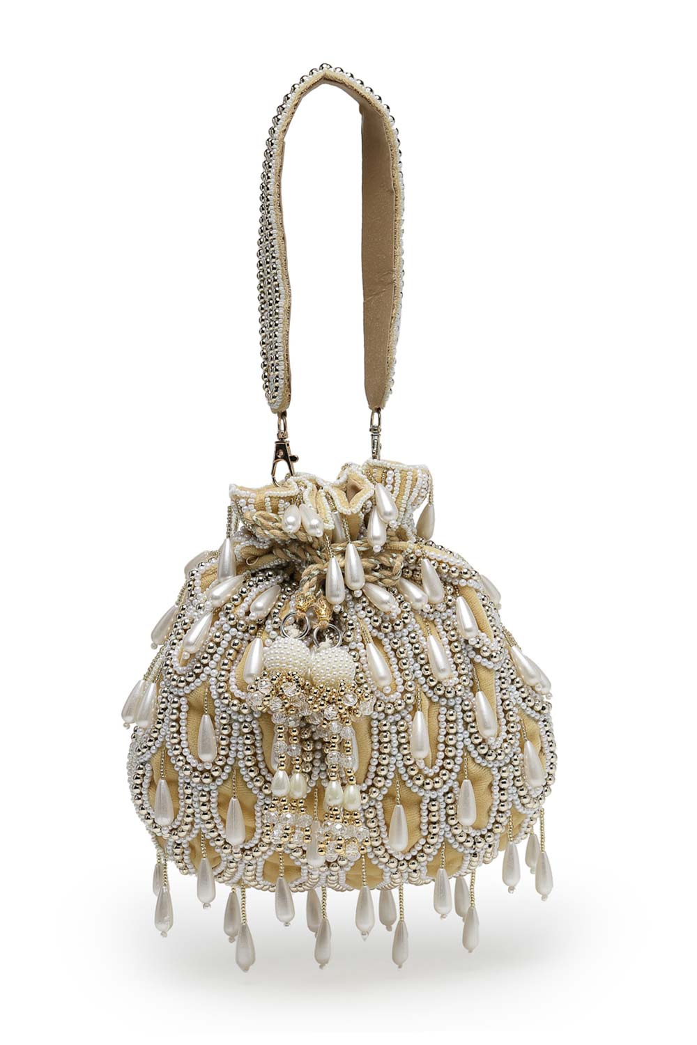 Droop Beige, White And Gold Pearl Embellished Velvet Potli