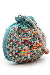 Dangle Aqua Blue And Multi Fish Scale Embellished Velvet Potli