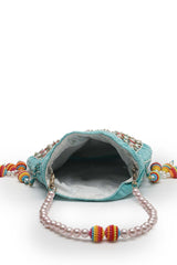 Dangle Aqua Blue And Multi Fish Scale Embellished Velvet Potli