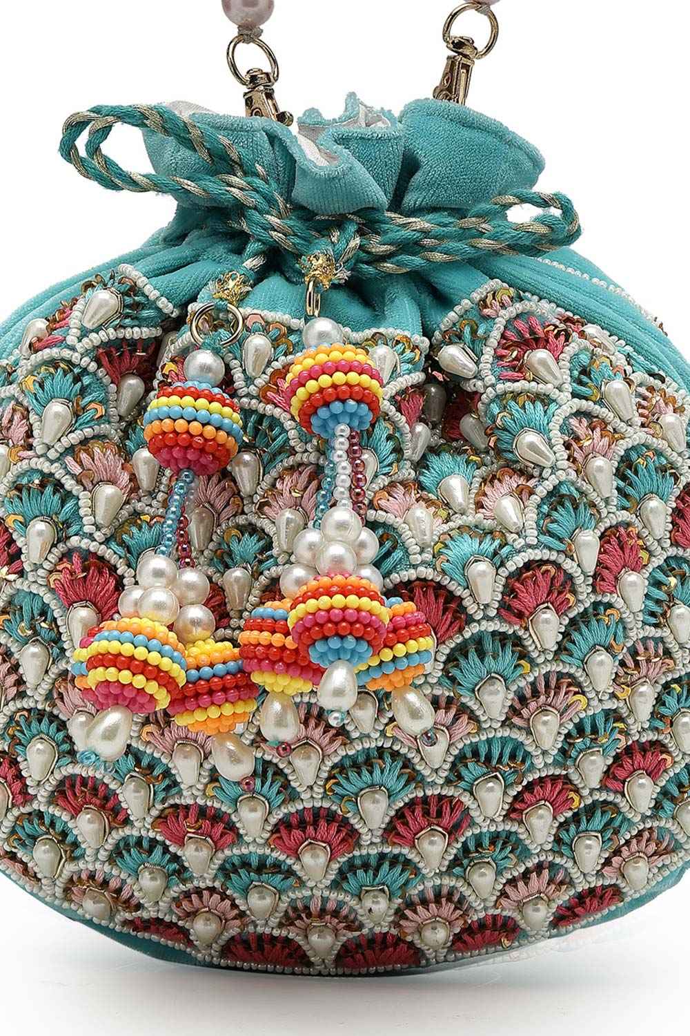 Dangle Aqua Blue And Multi Fish Scale Embellished Velvet Potli