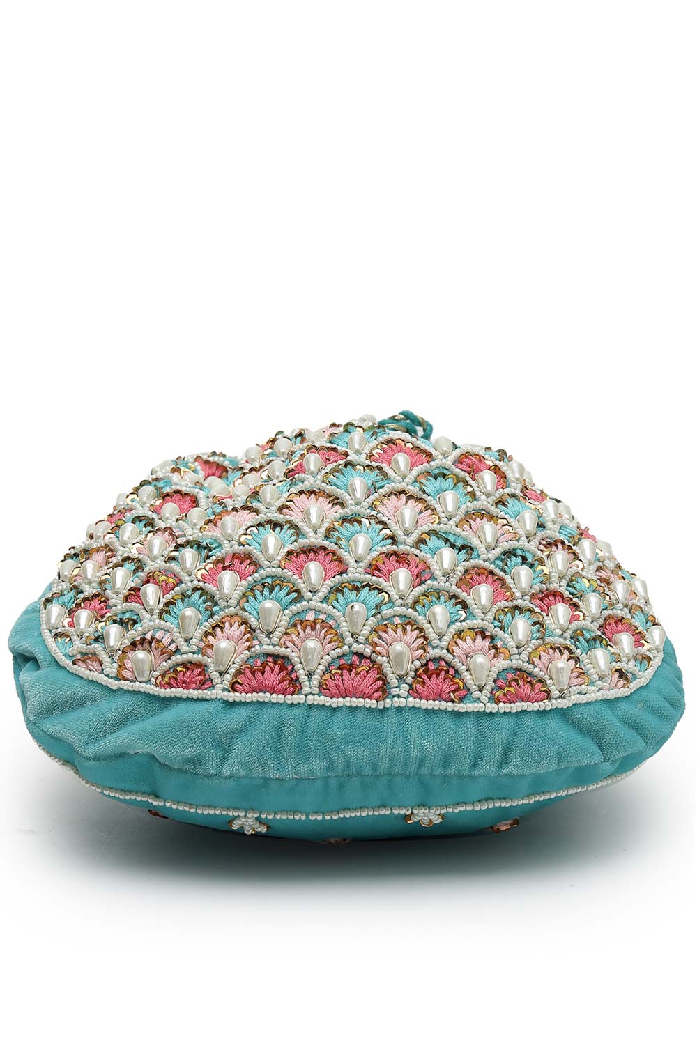 Dangle Aqua Blue And Multi Fish Scale Embellished Velvet Potli