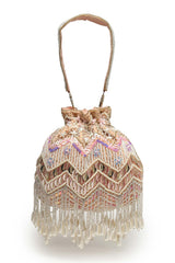 Droop Peach And Multi Chevron Embellished Velvet Potli