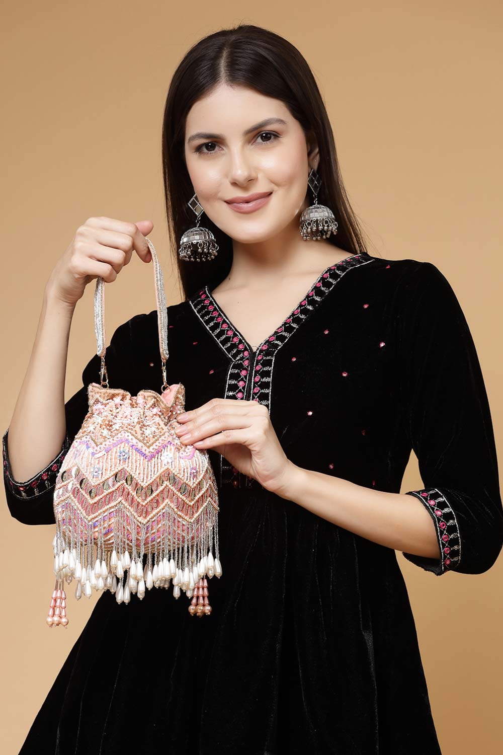 Droop Peach And Multi Chevron Embellished Velvet Potli