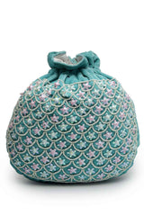 Dangle Aqua Blue And Pink Fish Scale Embellished Velvet Potli