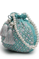 Dangle Aqua Blue And Pink Fish Scale Embellished Velvet Potli