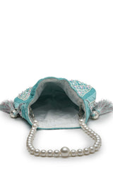 Dangle Aqua Blue And Pink Fish Scale Embellished Velvet Potli