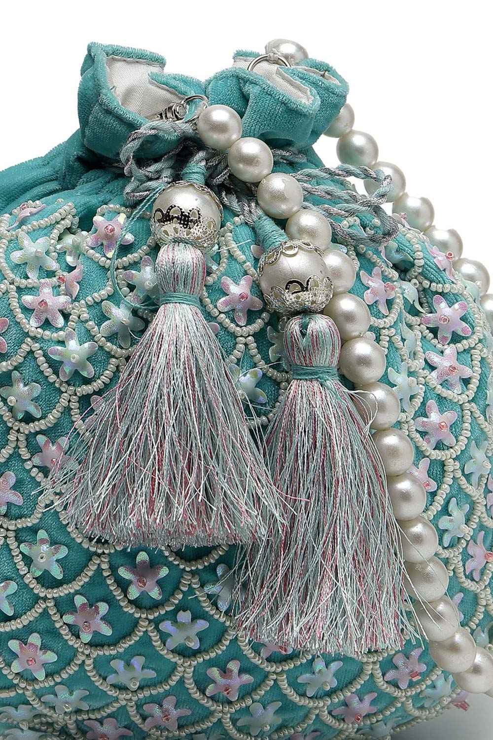 Dangle Aqua Blue And Pink Fish Scale Embellished Velvet Potli