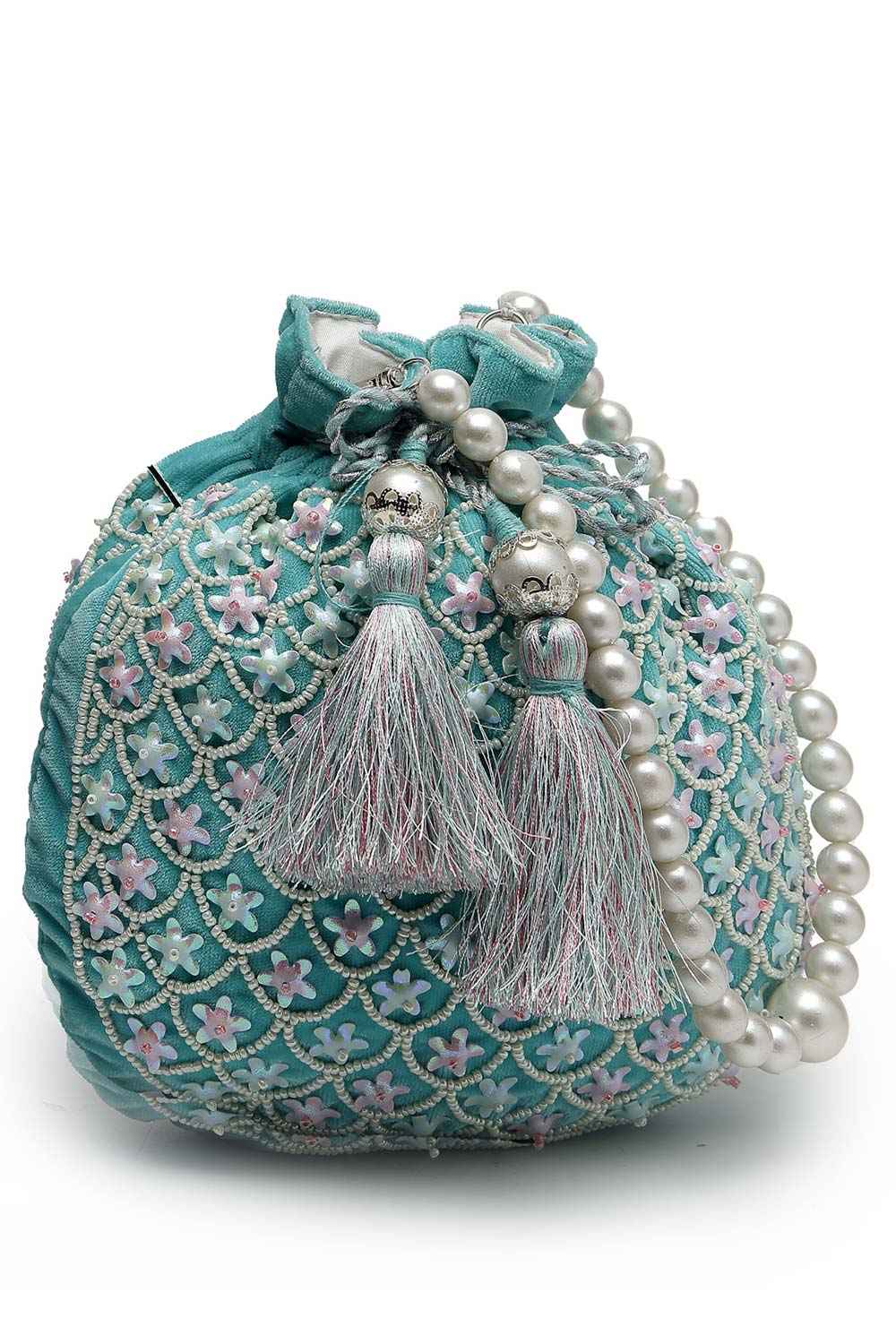 Dangle Aqua Blue And Pink Fish Scale Embellished Velvet Potli