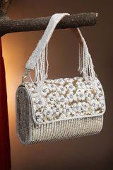 Coffer Champagne And White Floral Embellished Faux Silk Clutch