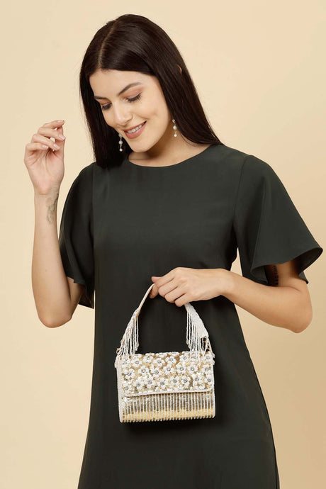 Coffer Champagne And White Floral Embellished Faux Silk Clutch