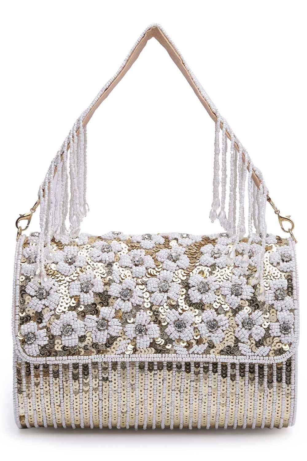 Coffer Champagne And White Floral Embellished Faux Silk Clutch