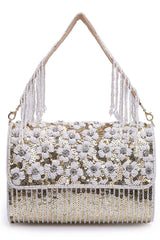 Coffer Champagne And White Floral Embellished Faux Silk Clutch