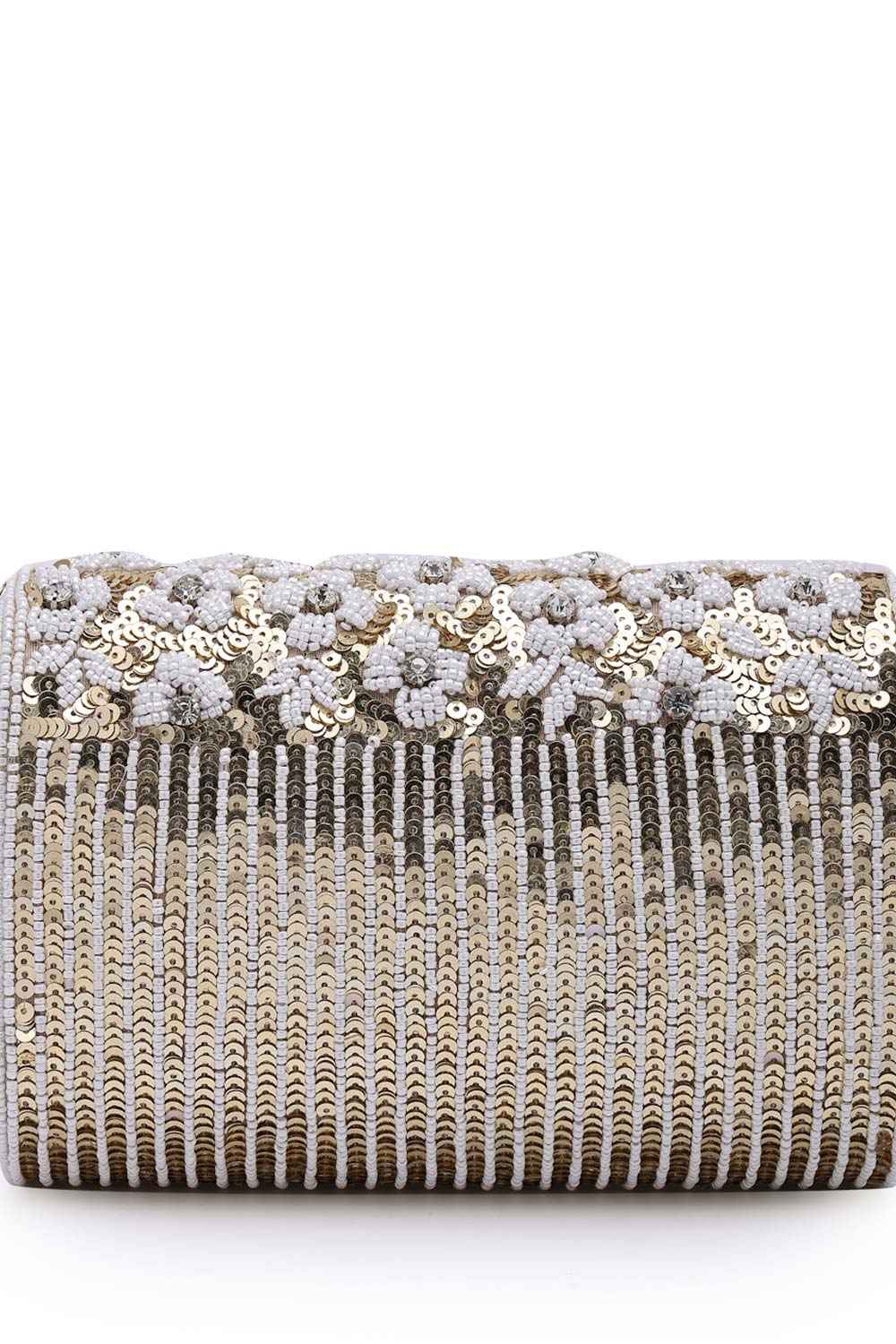 Coffer Champagne And White Floral Embellished Faux Silk Clutch