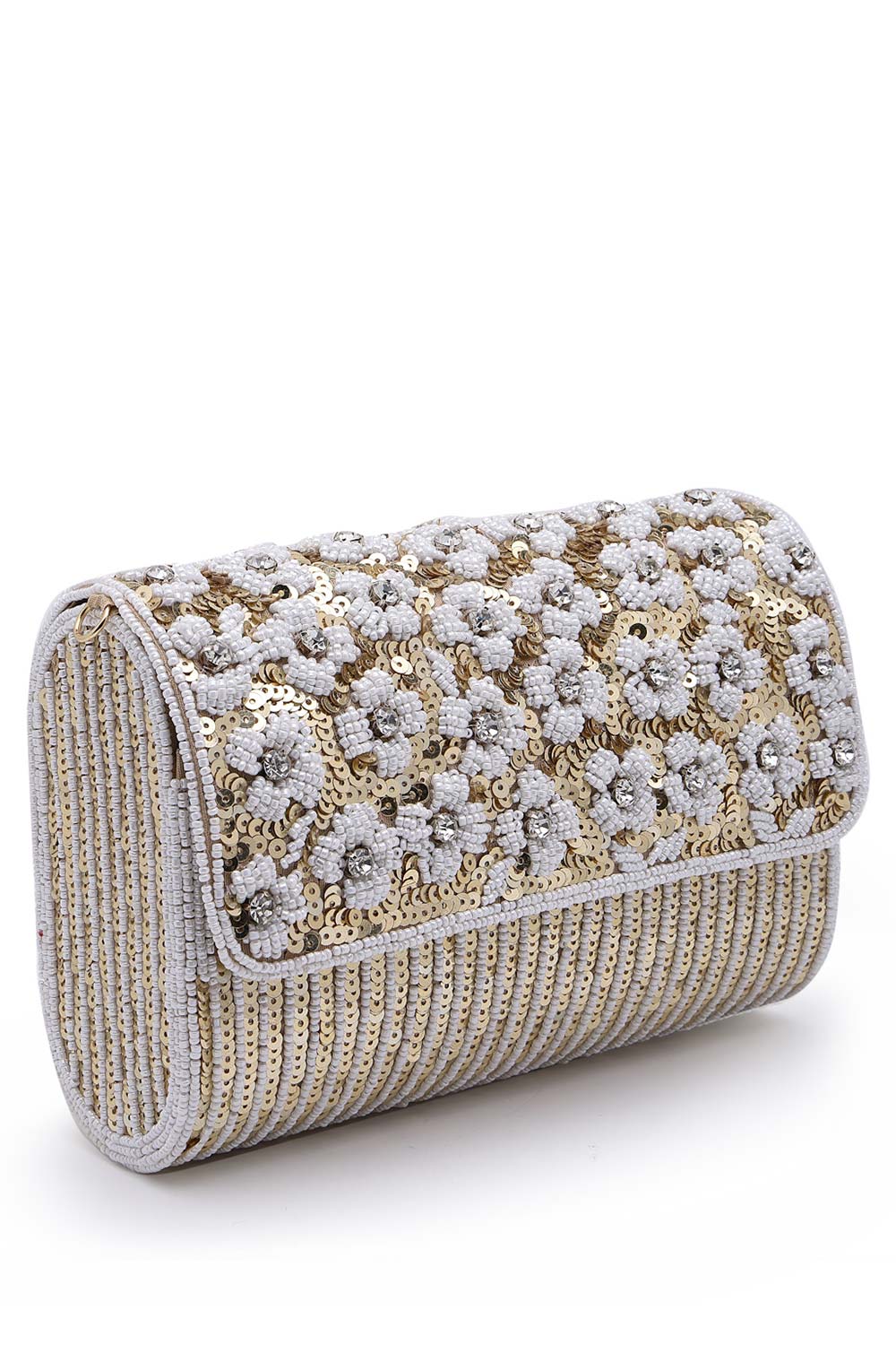 Coffer Champagne And White Floral Embellished Faux Silk Clutch