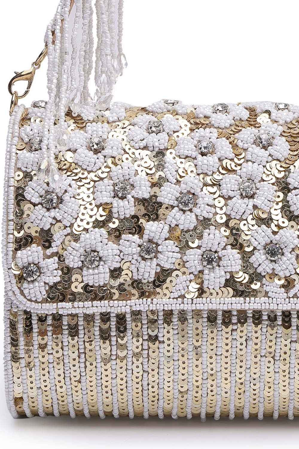 Coffer Champagne And White Floral Embellished Faux Silk Clutch