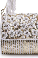 Coffer Champagne And White Floral Embellished Faux Silk Clutch