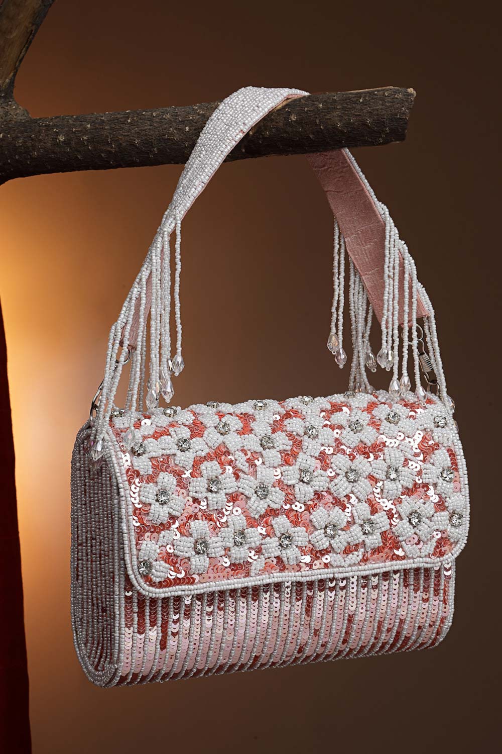 Coffer Coral And White Floral Embellished Faux Silk Clutch