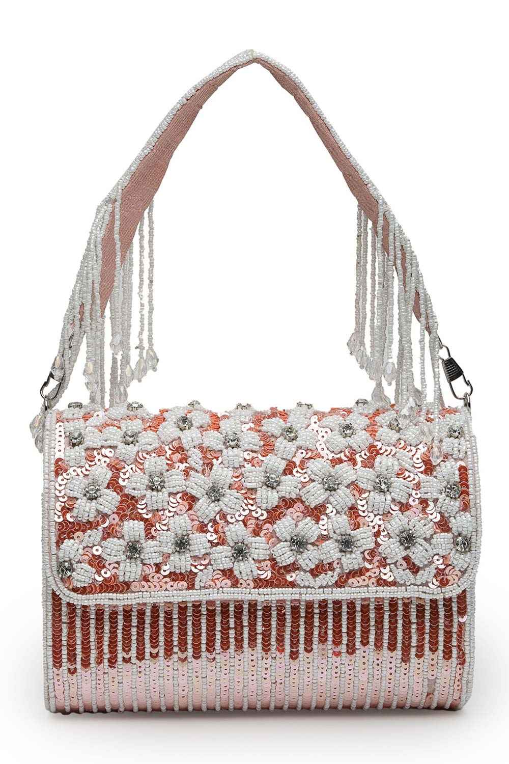 Coffer Coral And White Floral Embellished Faux Silk Clutch