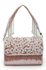 Coffer Coral And White Floral Embellished Faux Silk Clutch