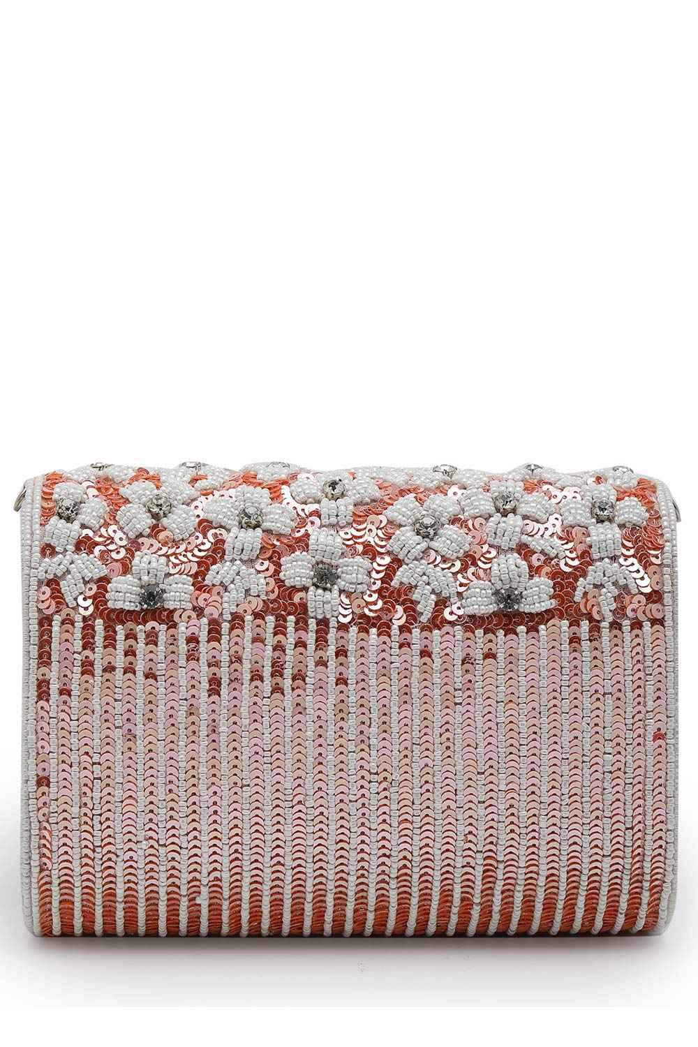 Coffer Coral And White Floral Embellished Faux Silk Clutch