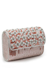 Coffer Coral And White Floral Embellished Faux Silk Clutch