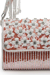 Coffer Coral And White Floral Embellished Faux Silk Clutch