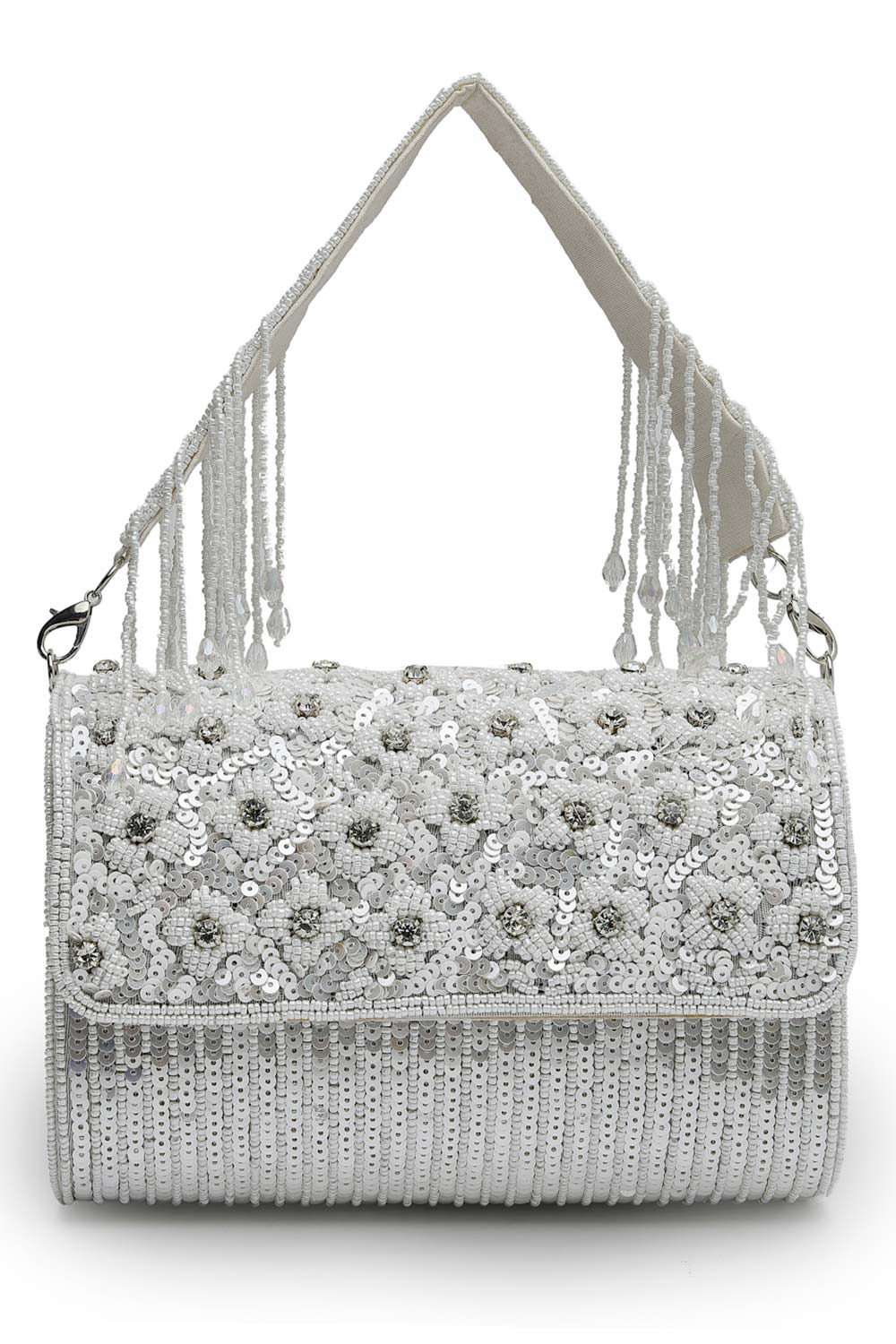 Coffer Silver And White Floral Embellished Faux Silk Clutch