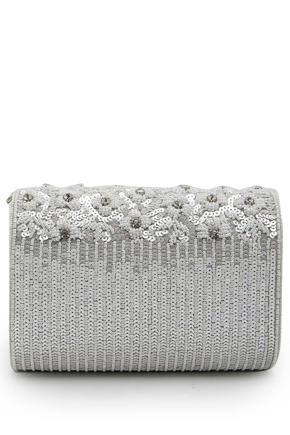 Coffer Silver And White Floral Embellished Faux Silk Clutch