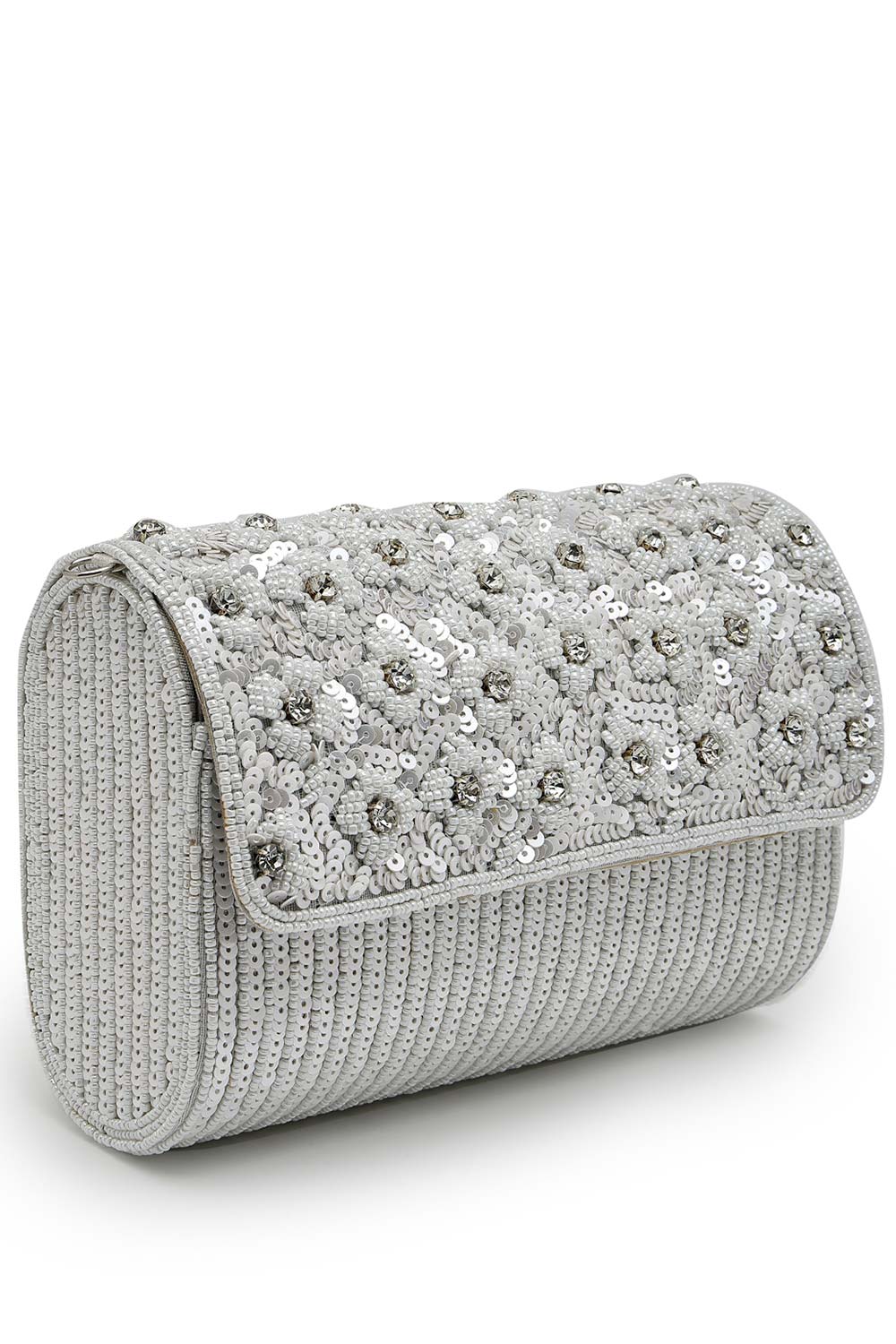 Coffer Silver And White Floral Embellished Faux Silk Clutch