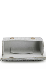 Coffer Silver And White Floral Embellished Faux Silk Clutch