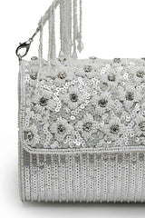 Coffer Silver And White Floral Embellished Faux Silk Clutch