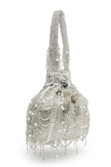 Droop Silver And White Striped Embellished Faux Silk Potli