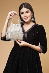 Droop Silver And White Striped Embellished Faux Silk Potli