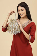 Droop Gold And Silver Palmette Embellished Suede Potli