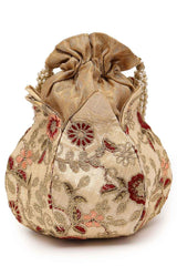 Lotus Beige And Multi Floral Embellished Faux Silk Potli