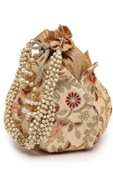 Lotus Beige And Multi Floral Embellished Faux Silk Potli